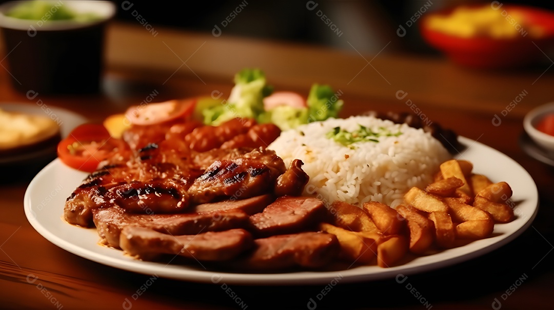 Prato de comida arroz carne salada molho sobre uma mesa de restaurante