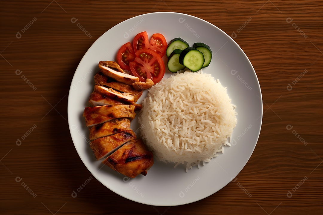 Prato de comida arroz carne salada molho sobre uma mesa de restaurante