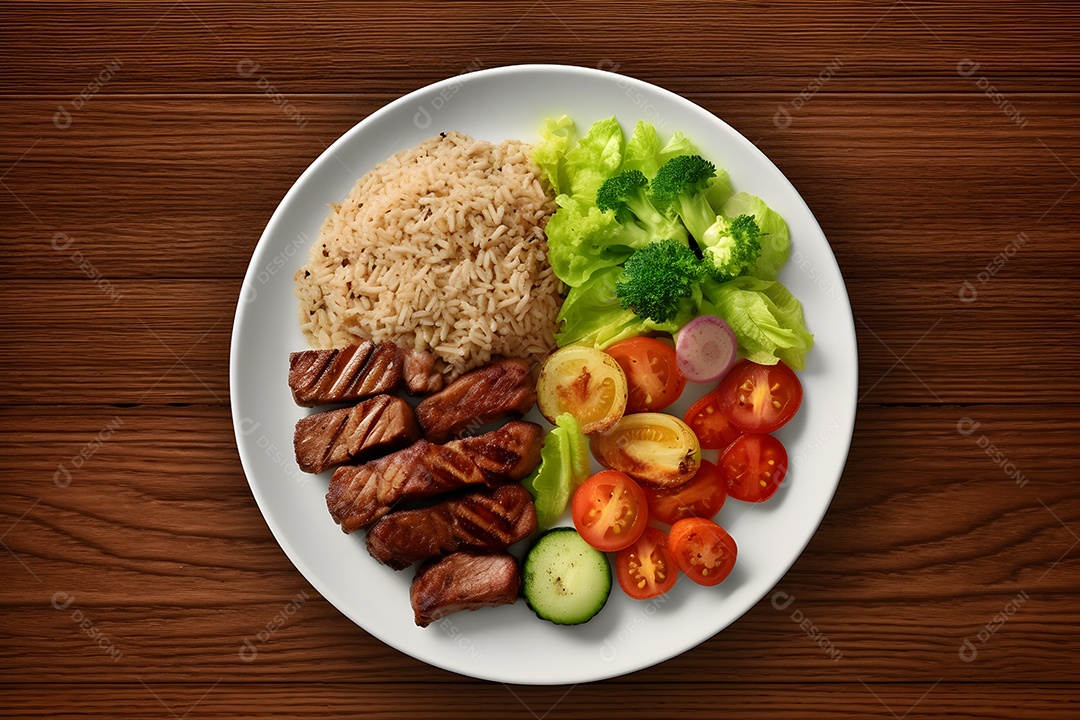 Prato de comida arroz carne salada molho sobre uma mesa de restaurante