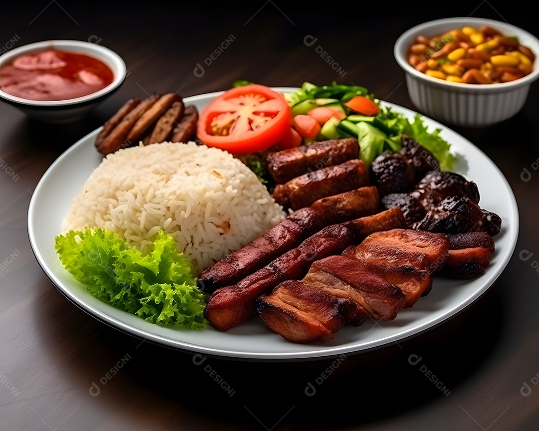 Prato de comida arroz carne grelhadas salada molho sobre uma mesa de restaurante