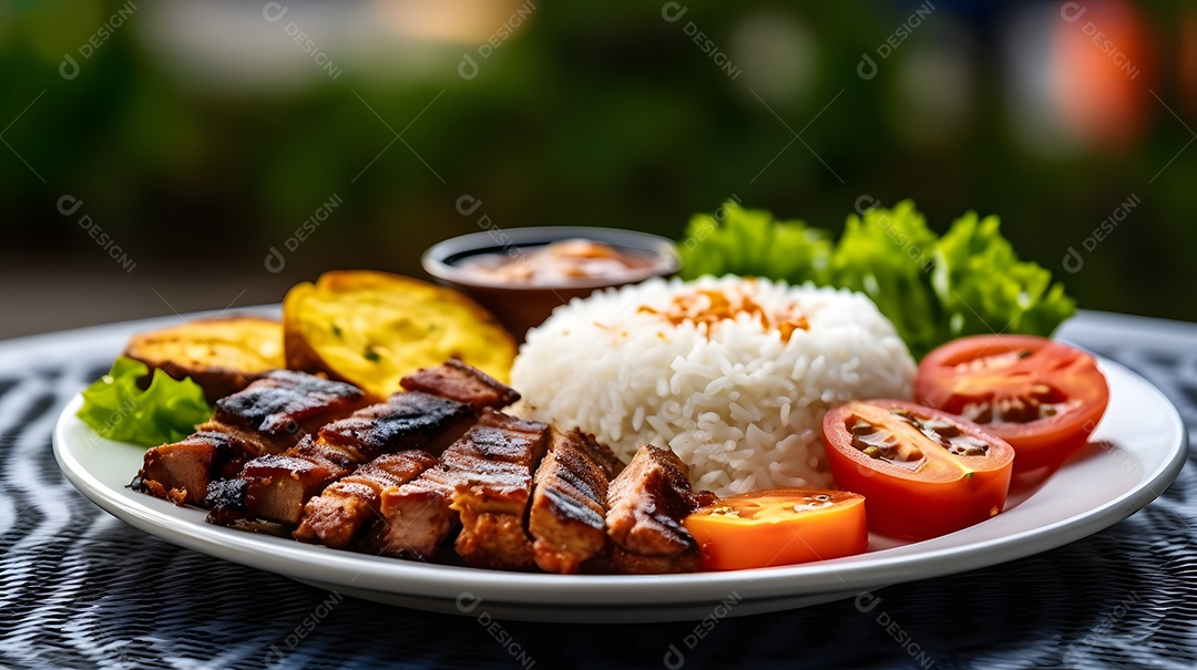 Prato de comida arroz carne grelhadas salada molho sobre uma mesa de restaurante