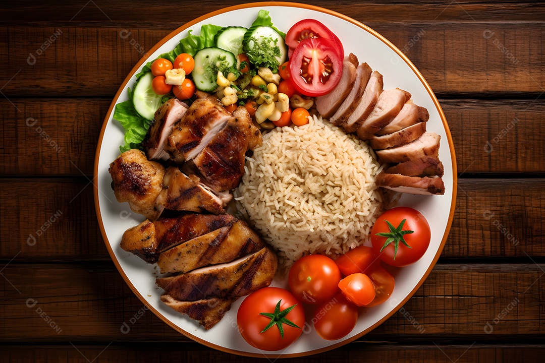 Prato de comida arroz carne grelhadas salada molho sobre uma mesa de restaurante