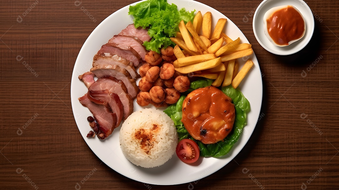 Prato de comida arroz carne grelhadas salada molho sobre uma mesa de restaurante