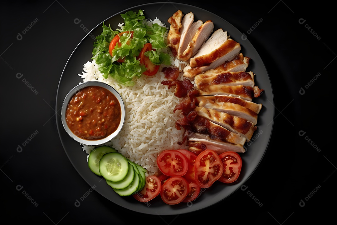 Prato de comida arroz carne grelhadas salada molho sobre uma mesa de restaurante
