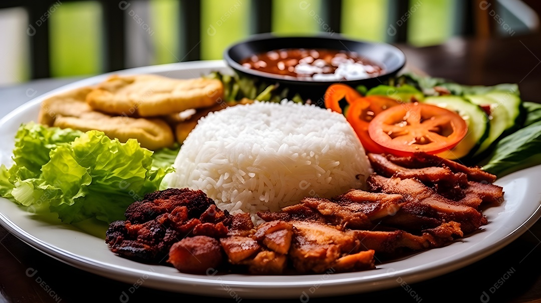 Prato de comida arroz carne grelhadas salada molho sobre uma mesa de restaurante