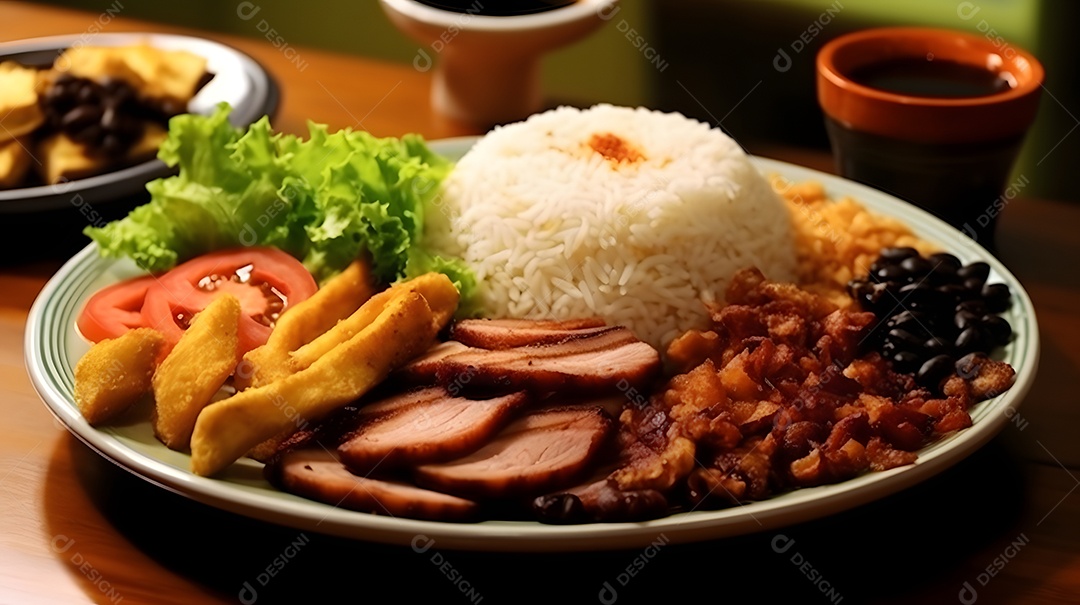 Prato de comida arroz carne grelhadas salada molho sobre uma mesa de restaurante