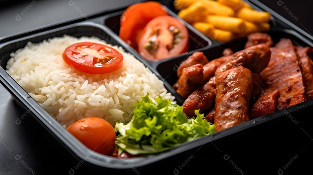 Prato de comida arroz carne grelhadas salada molho sobre uma mesa de restaurante