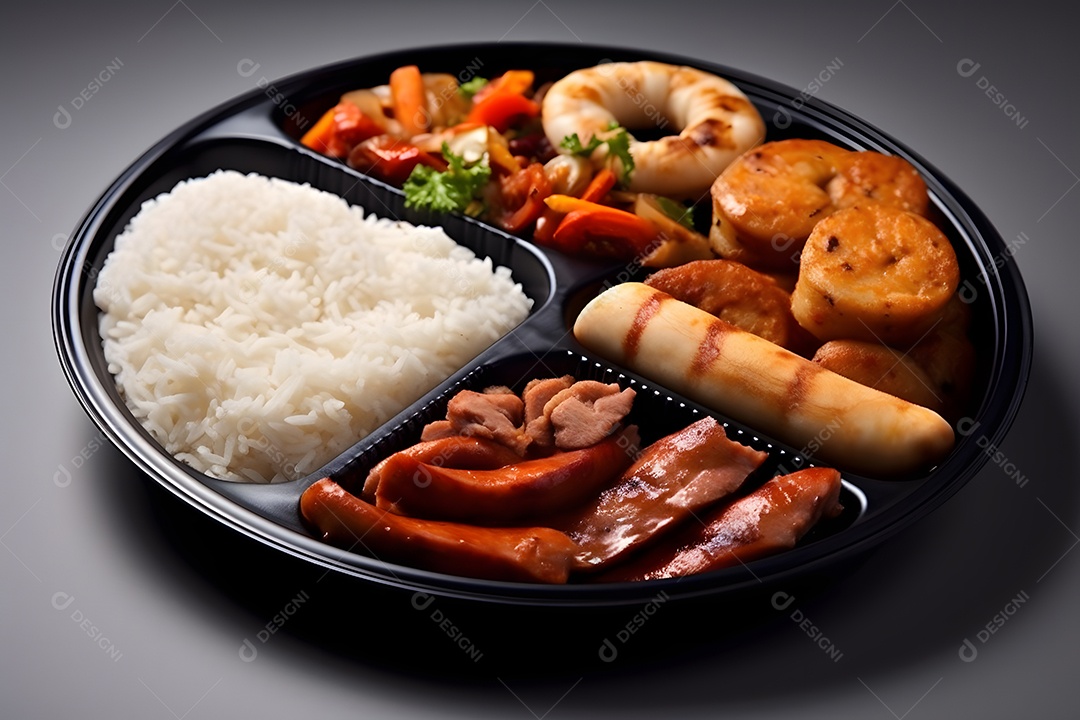 Prato de comida arroz carne grelhadas salada molho sobre uma mesa de restaurante