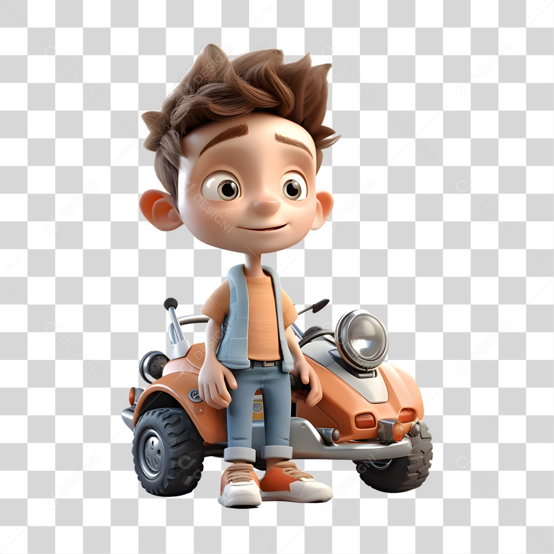 Garoto ao Lado do Carro 3D PNG Transparente