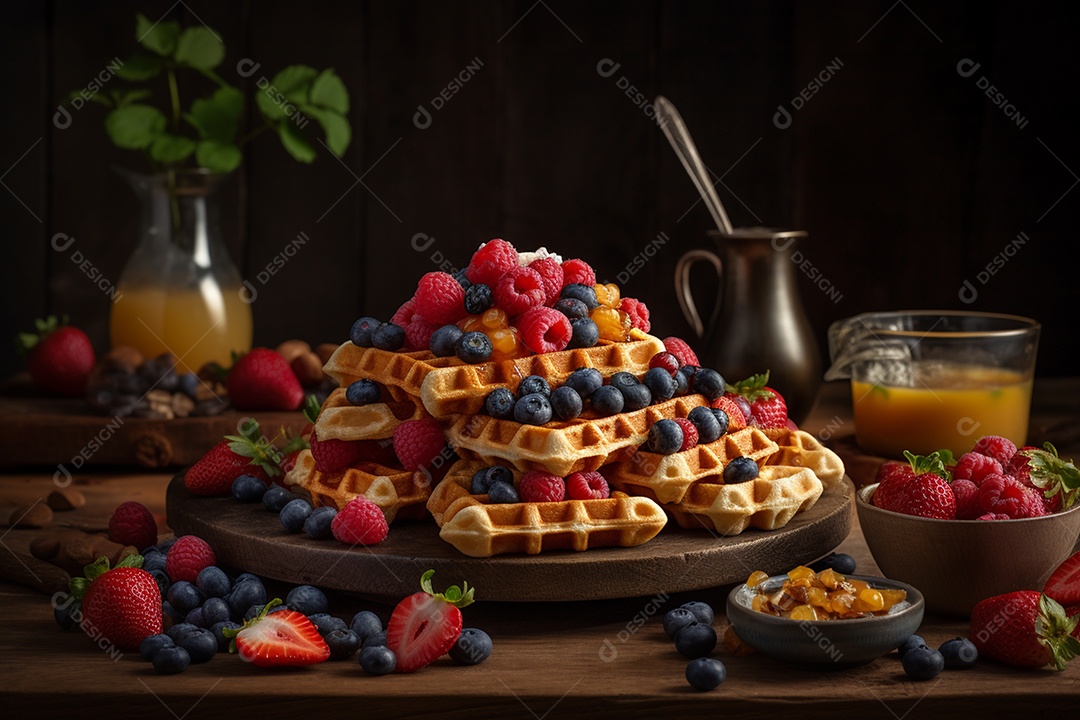 Visão ampla de Panqueca com coberturas e frutas vermelhas sobre mesa de madeira