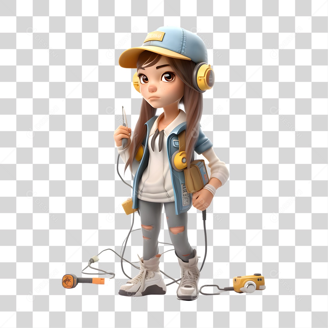 Menina com Fone de Ouvidos e Eletrônicos 3D PNG Transparente