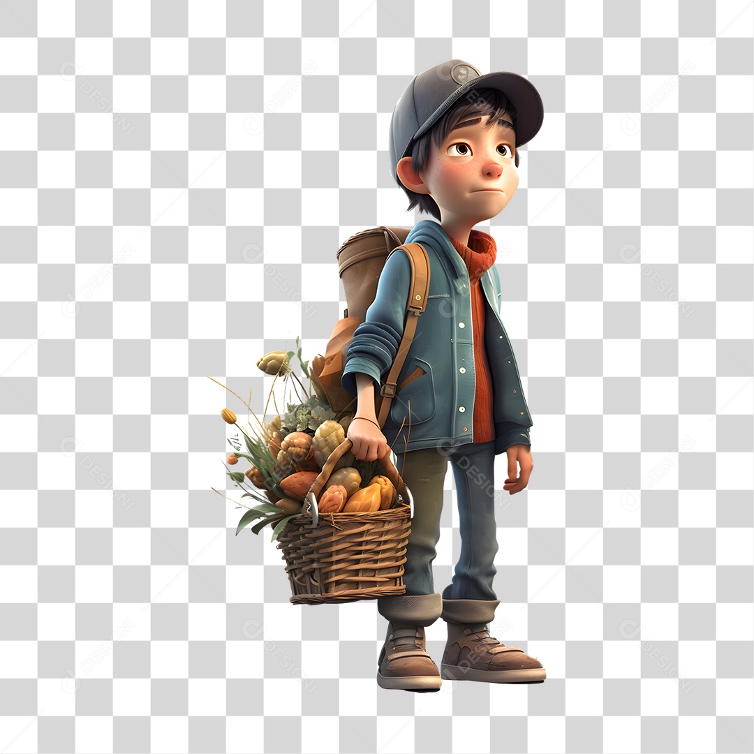 Menino com Cesta de Flores e Mochila nas Costas 3D PNG Transparente