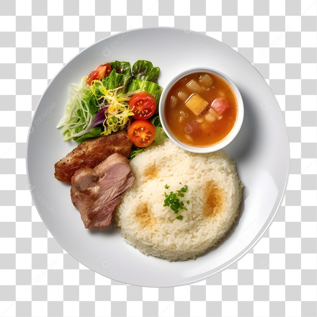 Prato De Comida Arroz Carne Com Molho E Salada PNG Transparente