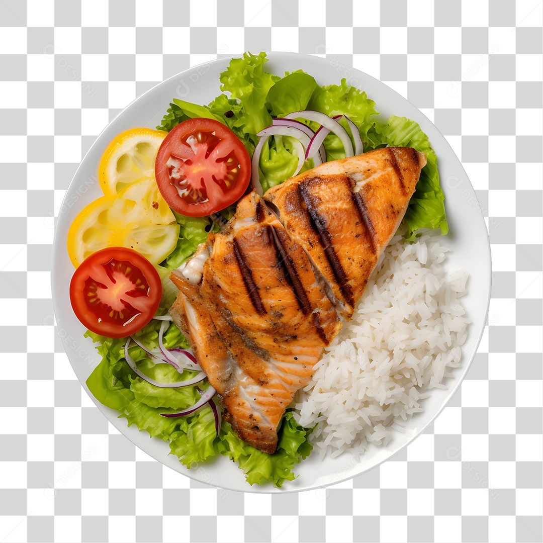 Prato De Comida Arroz Peixe E Salada PNG Transparente