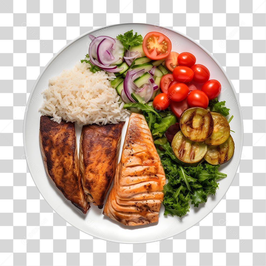 Prato De Comida Arroz Peixe E Salada PNG Transparente