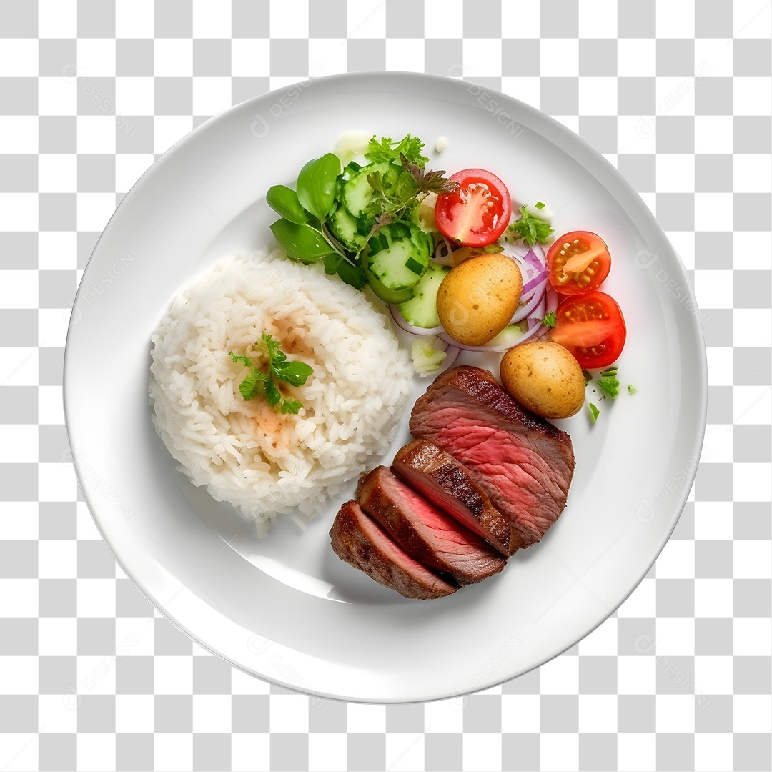 Prato De Comida Arroz Carne E Salada PNG Transparente