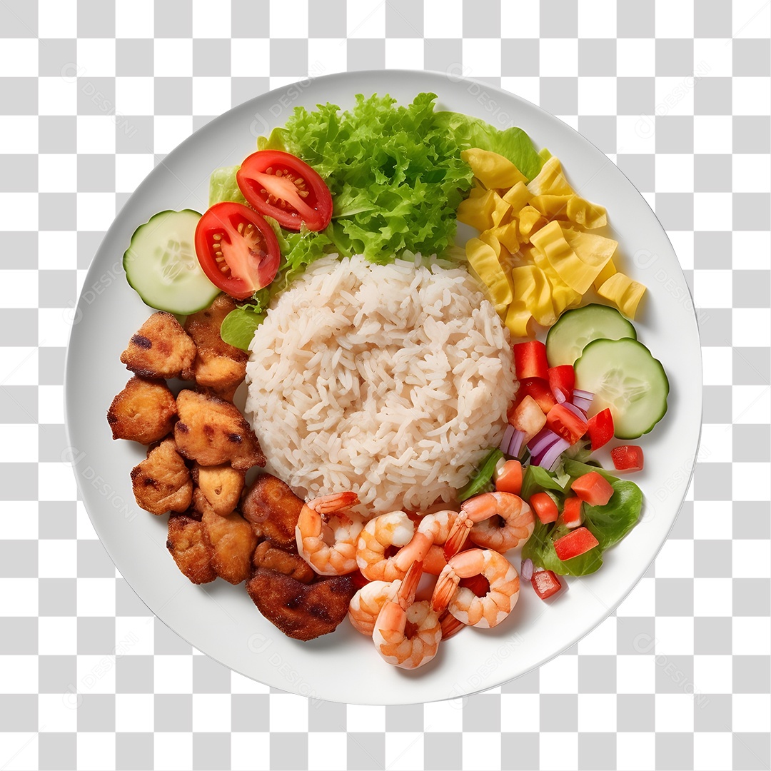 Prato De Comida Arroz Carne Camarão E Salada PNG Transparente