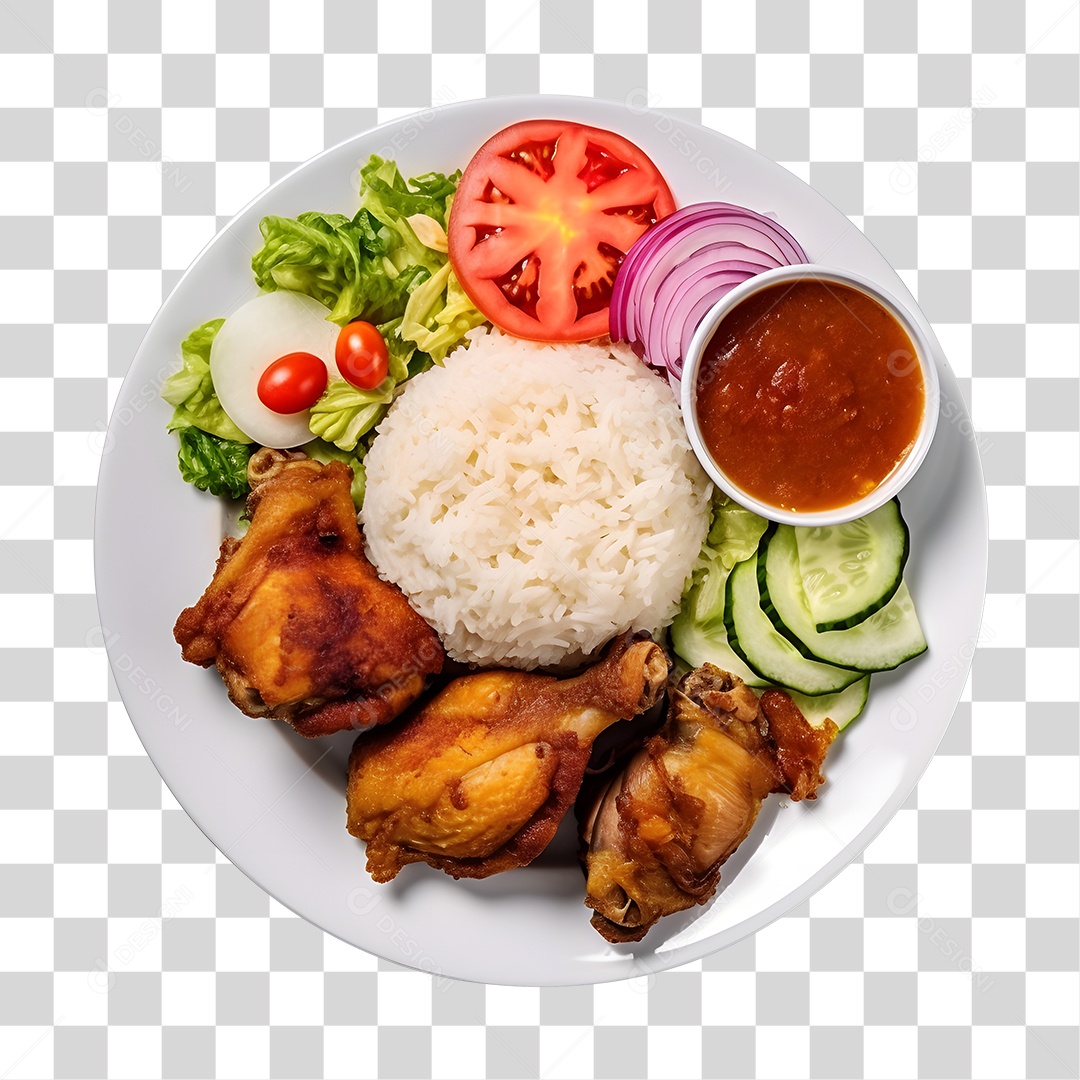 Prato De Comida Arroz Frango E Salada Com Molho Vermelho PNG Transparente