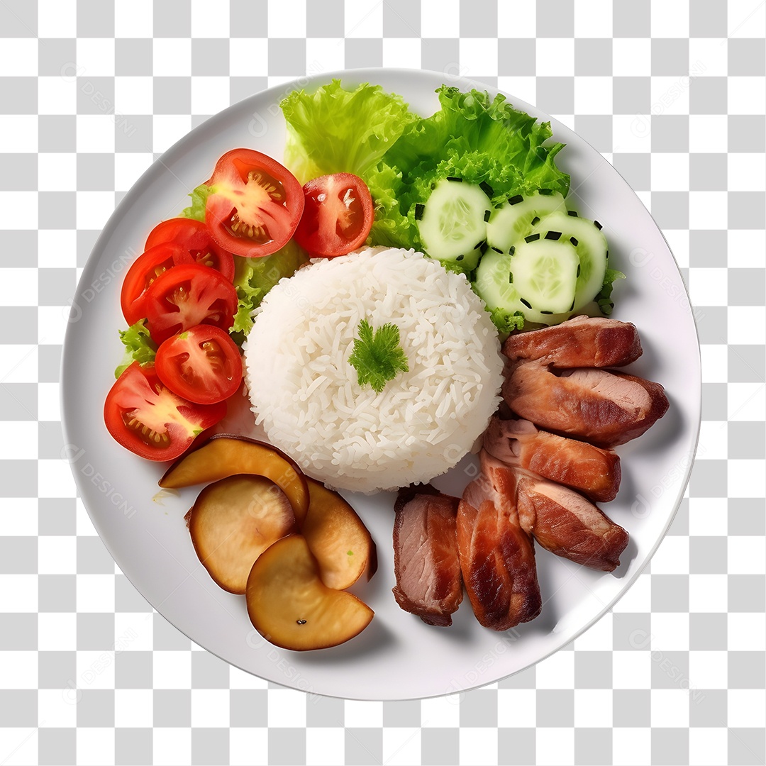 Prato De Comida Arroz Carne Assada E Salada Alface PNG Transparente