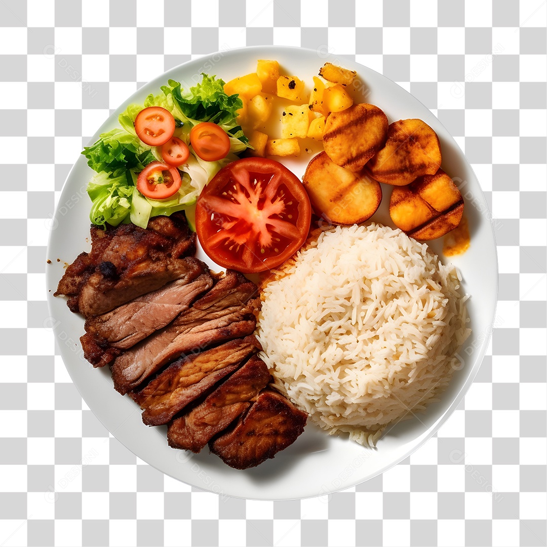 Prato De Comida Arroz Carne E Salada Com Batatas PNG Transparente