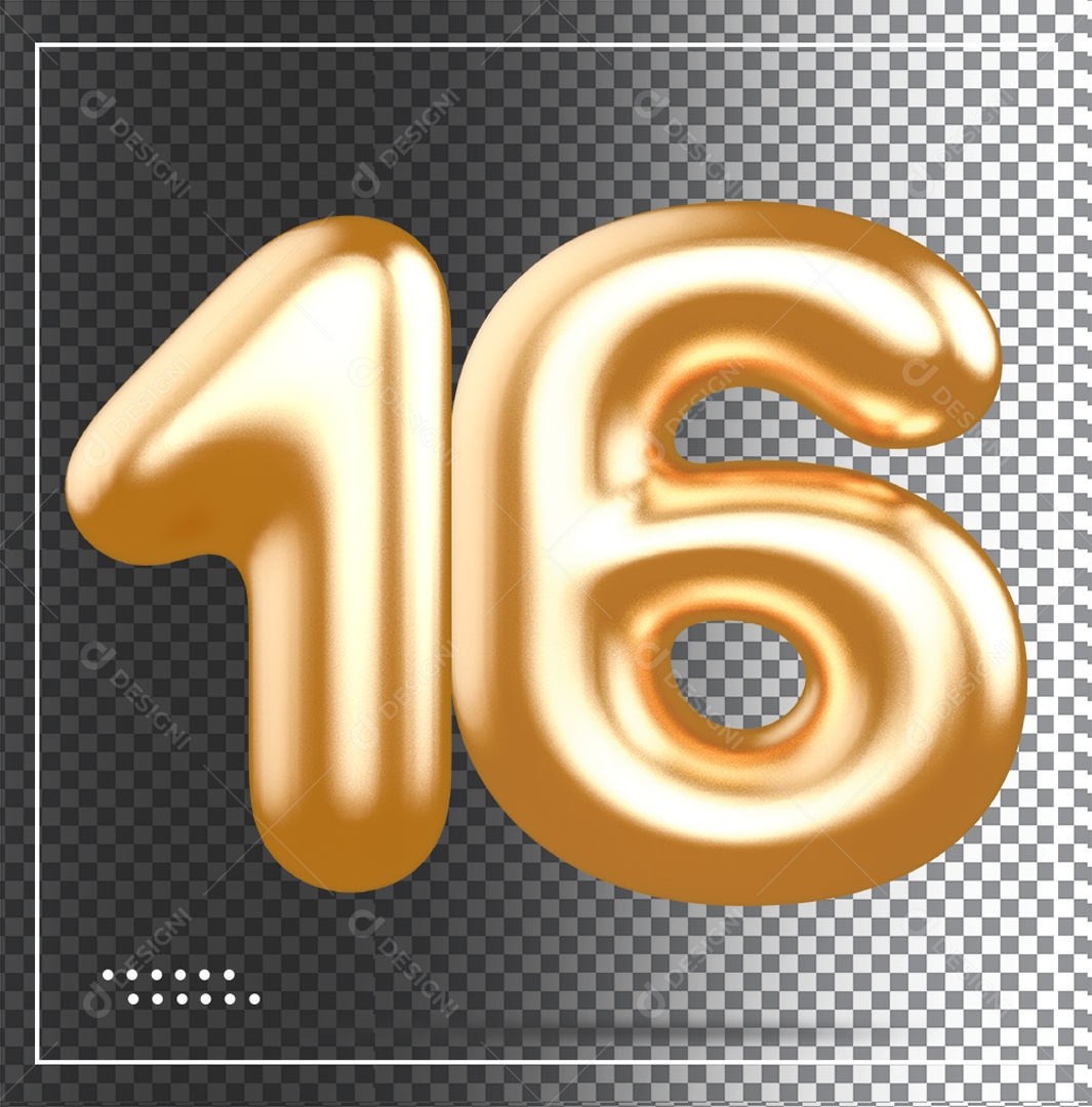 Elemento 3D Balão De Numero 16 Dourado PSD