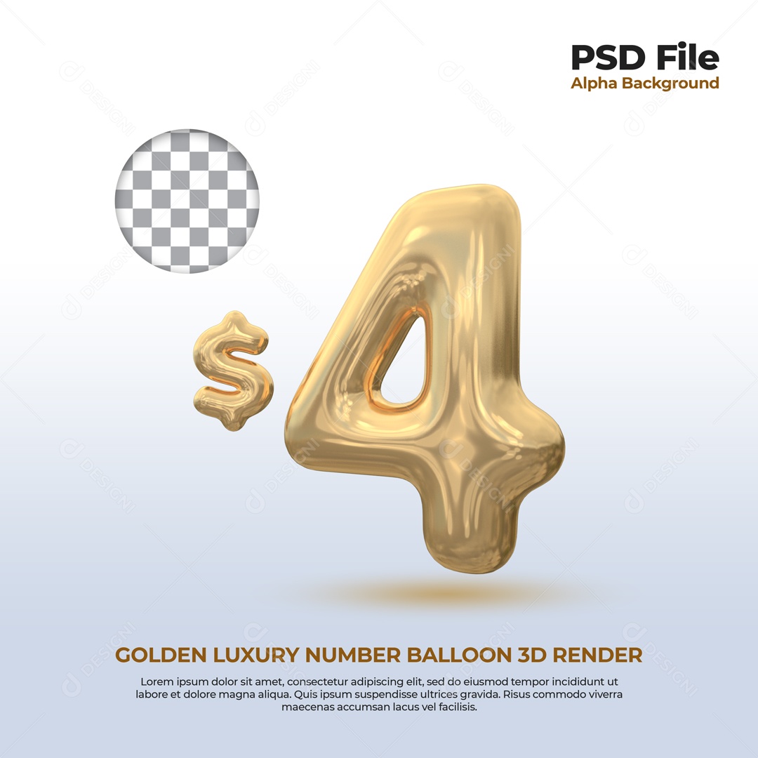 Elemento 3D Balão De Número 4 Dólar Dourado Para Composição PSD