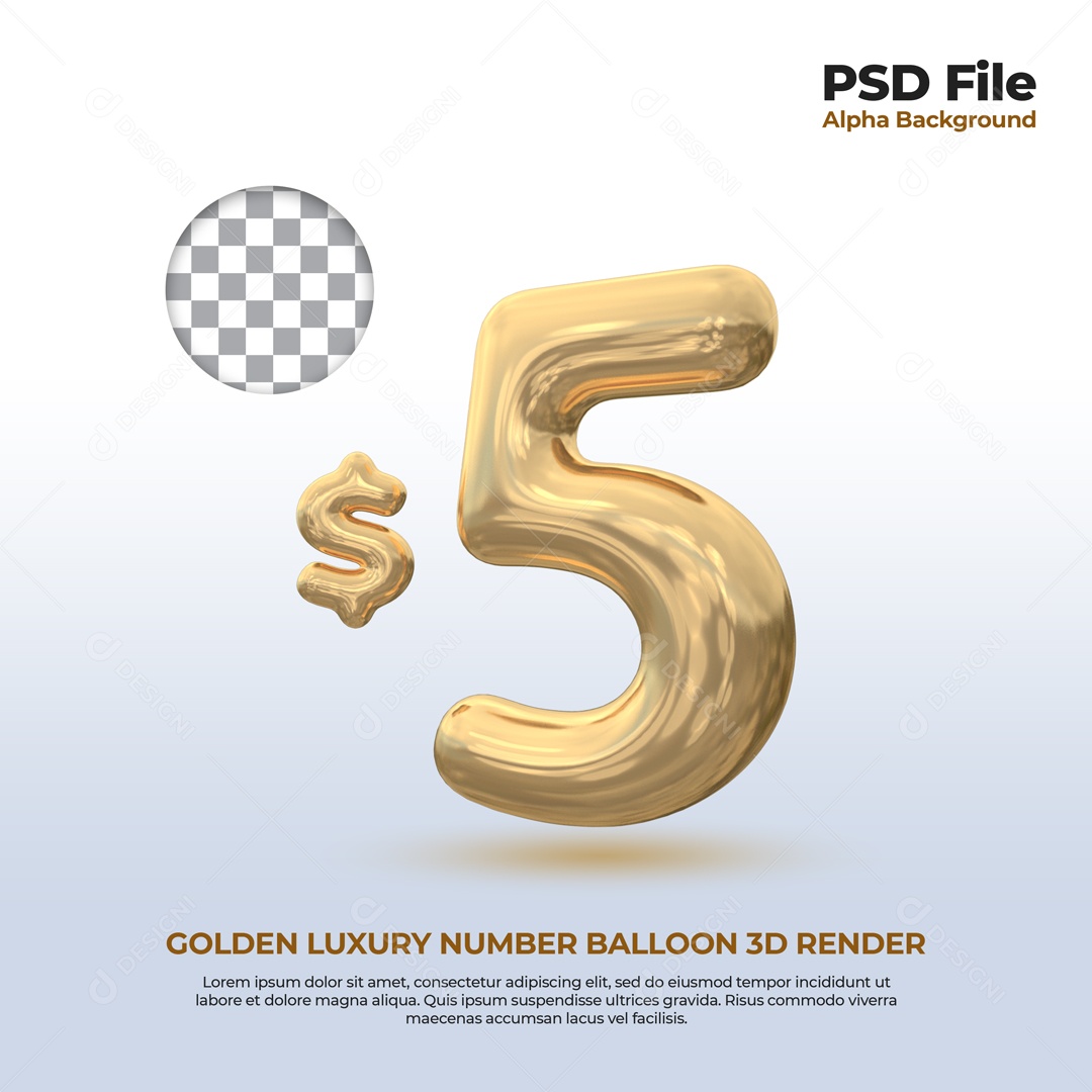 Elemento 3D Balão De Número 5 Dólar Dourado Para Composição PSD