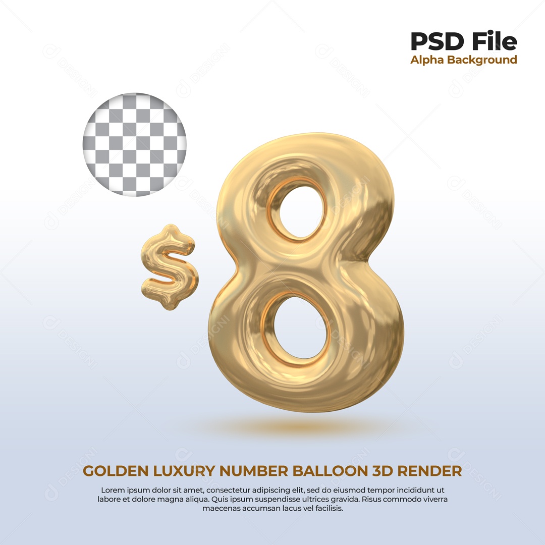 Elemento 3D Balão De Número 8 Dólar Dourado Para Composição PSD