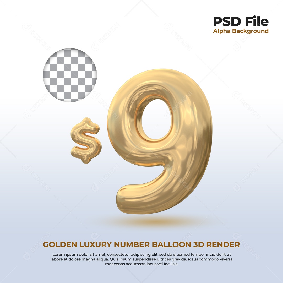 Elemento 3D Balão De Número 9 Dólar Dourado Para Composição PSD
