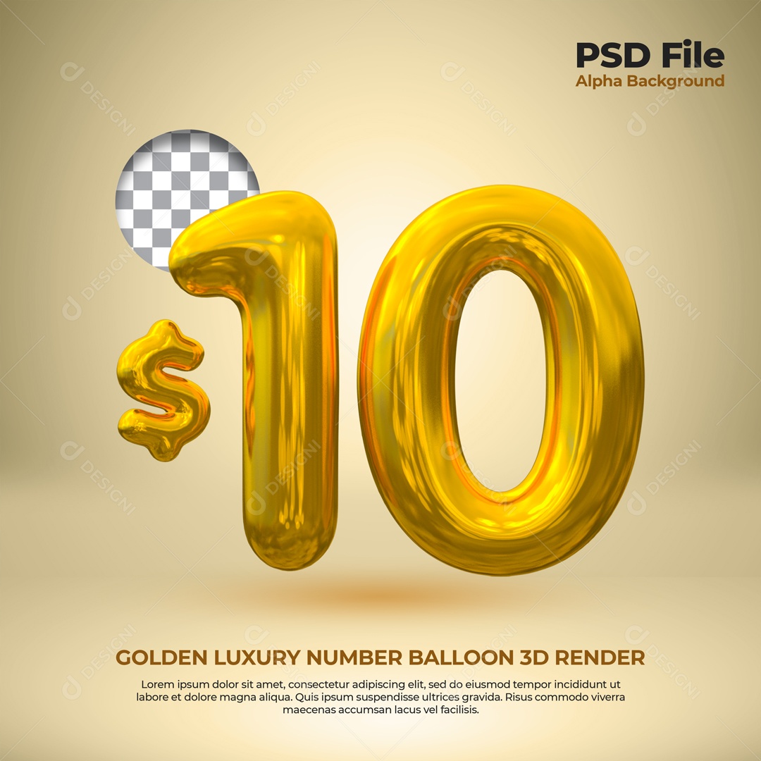 Elemento 3D Balão De Número 10 Dólar Dourado Para Composição PSD