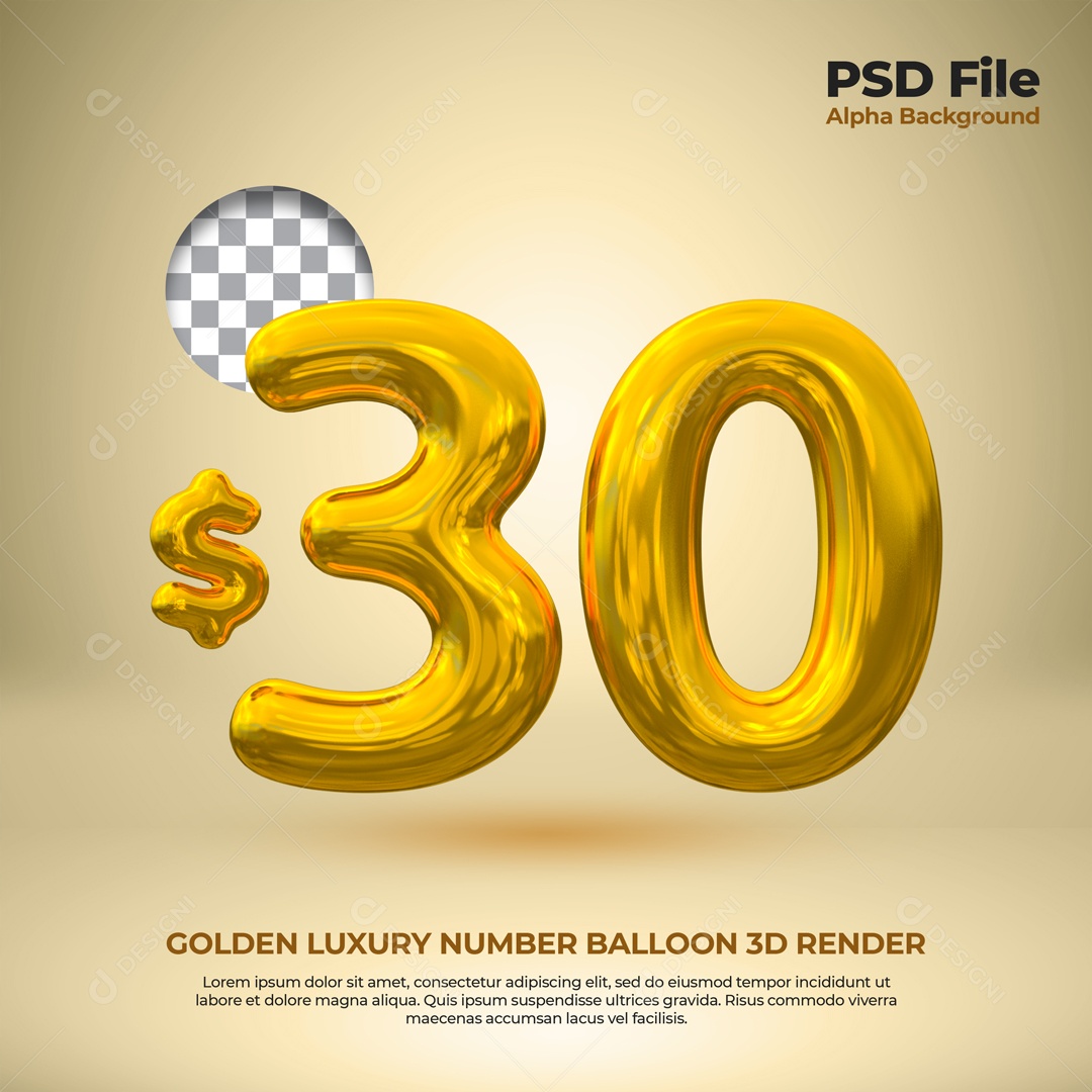 3D Gold Number 30 Dollar Balloon Element For PSD Composition