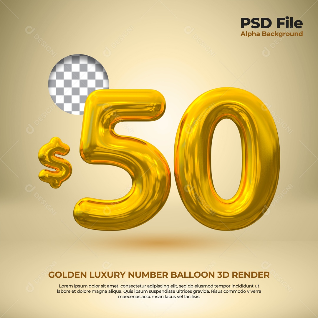 Elemento 3D Balão De Número 50 Dólar Dourado Para Composição PSD