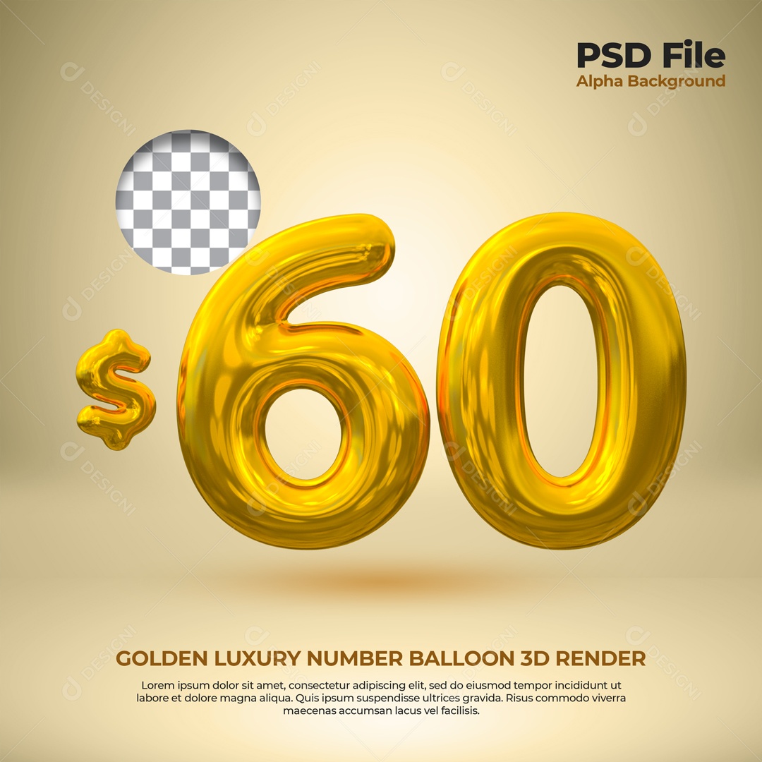 Elemento 3D Balão De Número 60 Dólar Dourado Para Composição PSD