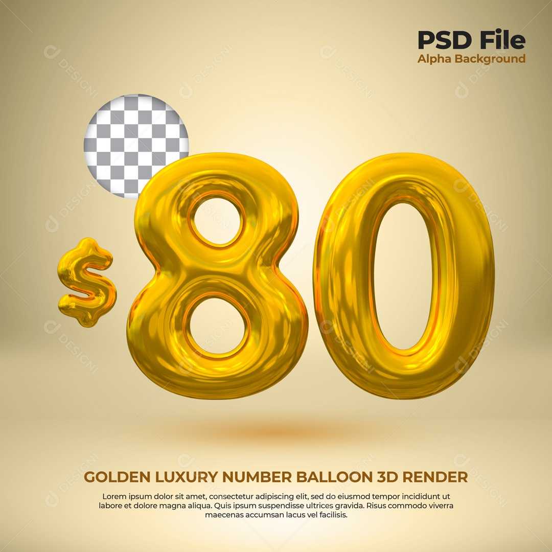 Elemento 3D Balão De Número 80 Dólar Dourado Para Composição PSD