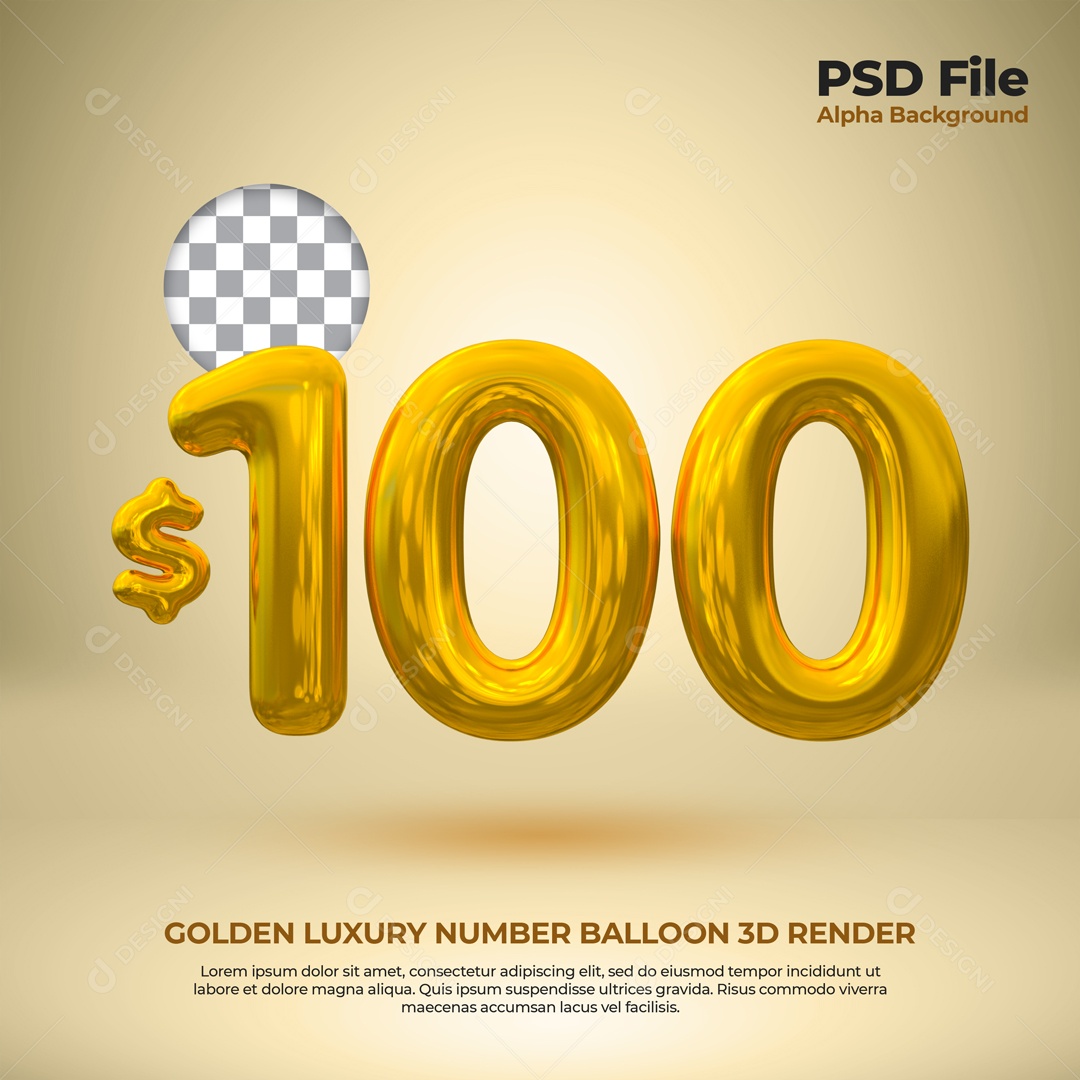 Elemento 3D Balão De Número 100 Dólar Dourado Para Composição PSD