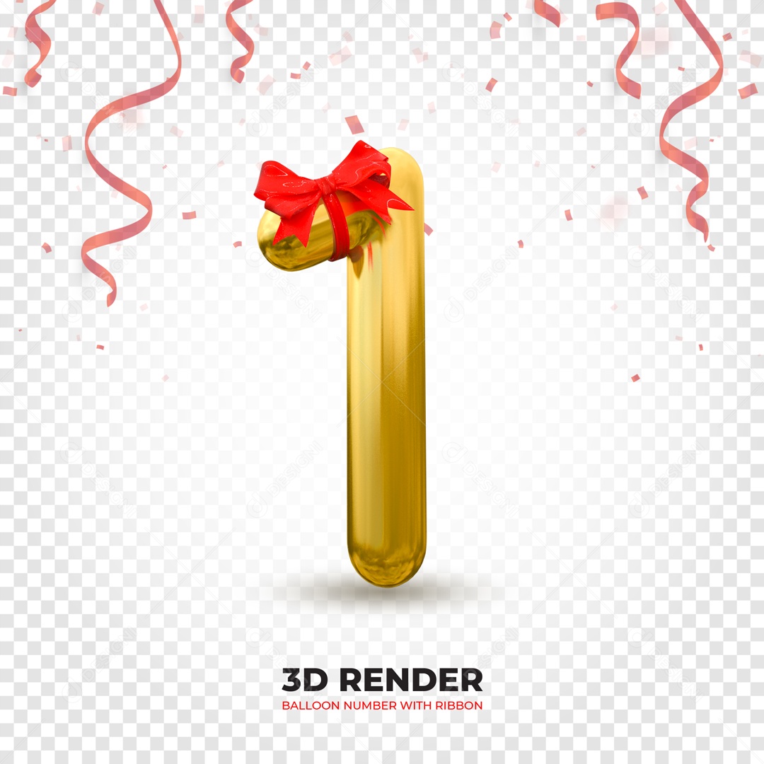 Elemento 3D Balão De Número 1 Dourado Com Laço PSD