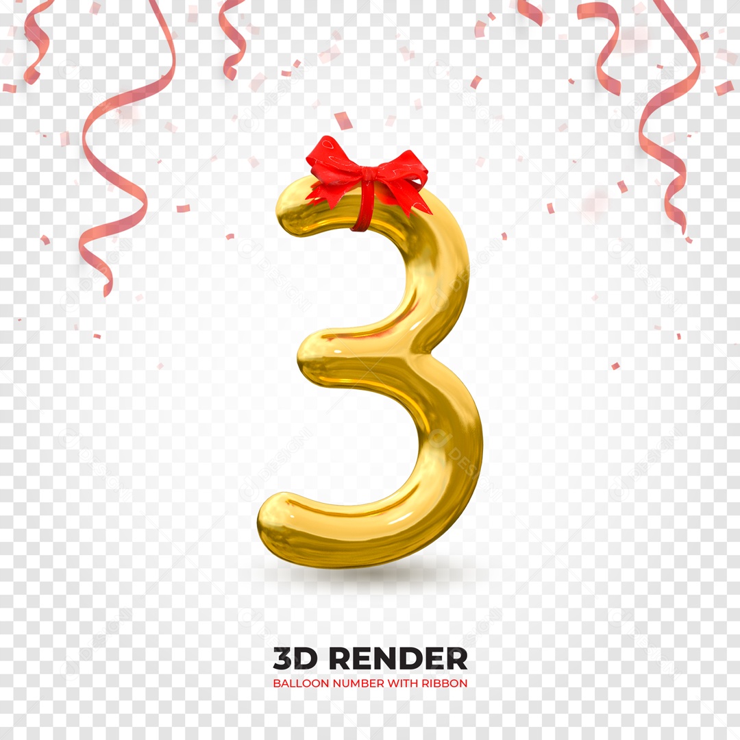 Elemento 3D Balão De Número 3 Dourado Com Laço PSD