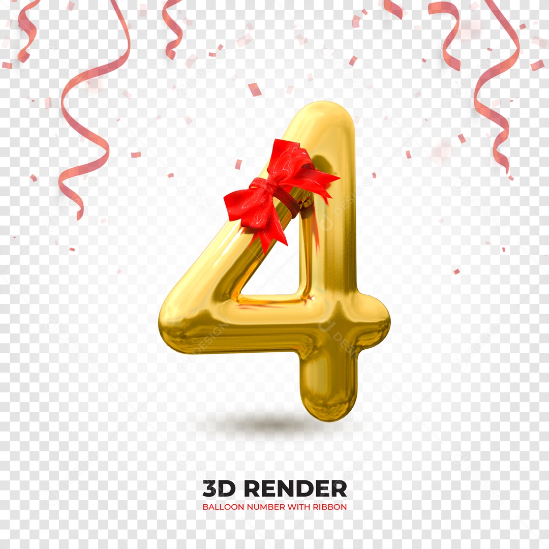 Elemento 3D Balão De Número 4 Dourado Com Laço PSD