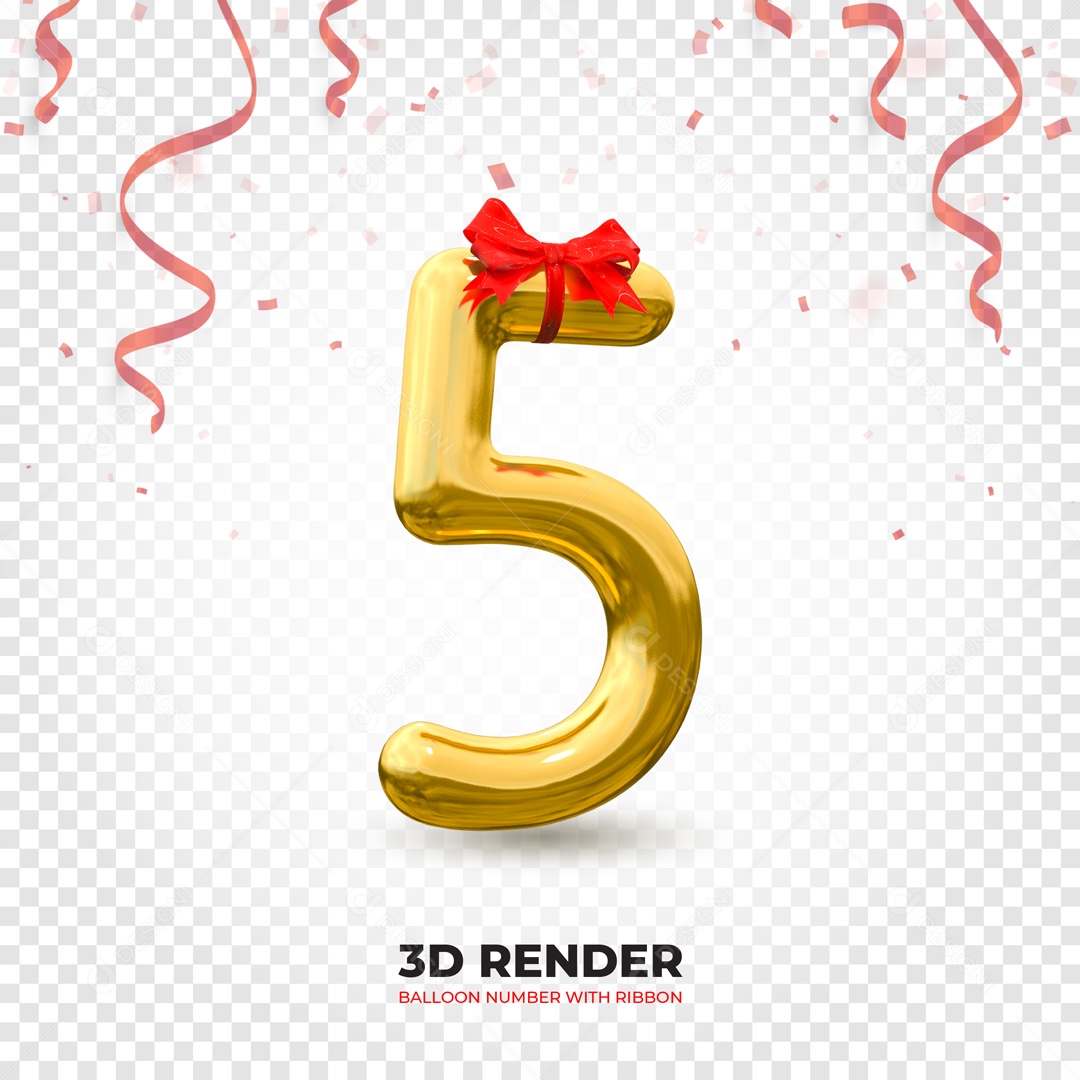 3D Golden Number 5 Balloon Element With Lace PSD