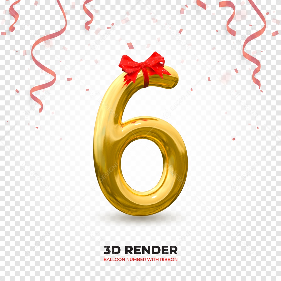 Elemento 3D Balão De Número 6 Dourado Com Laço PSD