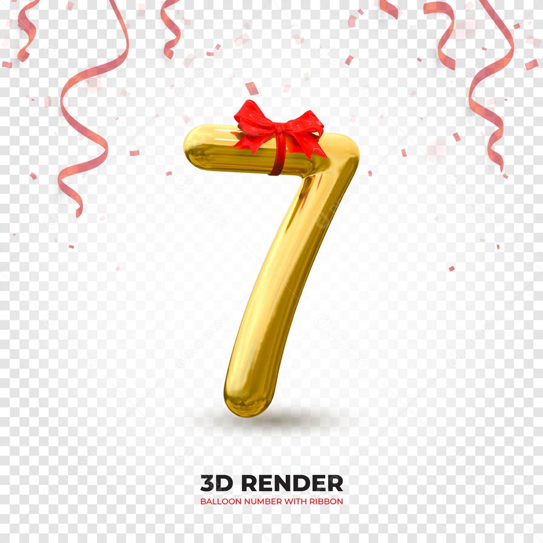 Elemento 3D Balão De Número 7 Dourado Com Laço PSD