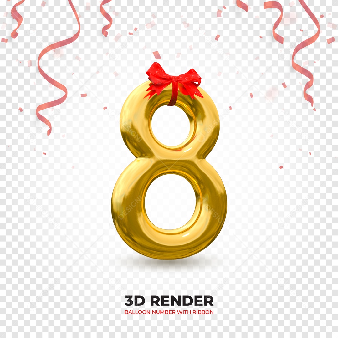 Elemento 3D Balão De Número 8 Dourado Com Laço PSD