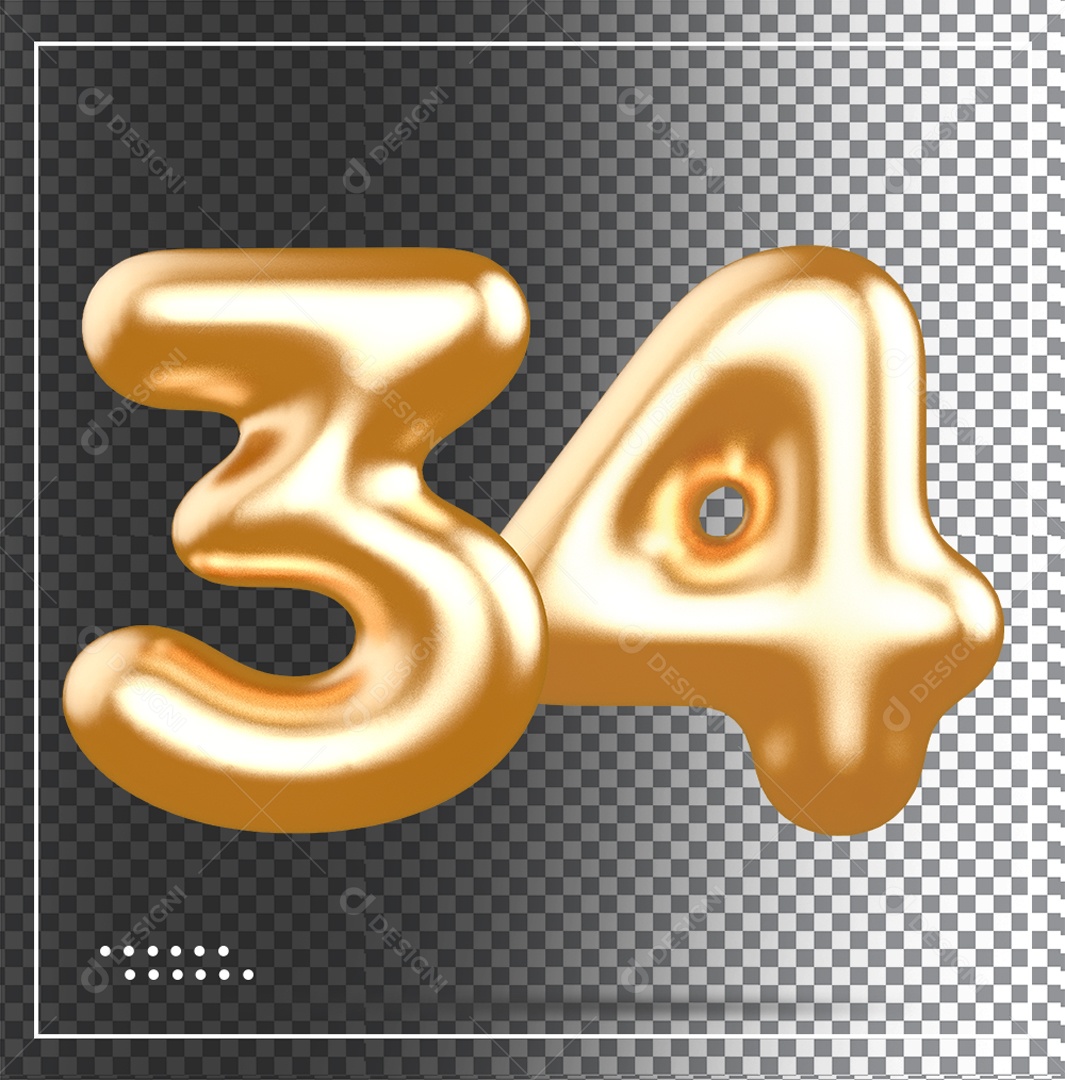 Elemento 3D Balão De Número 34 Dourado PSD