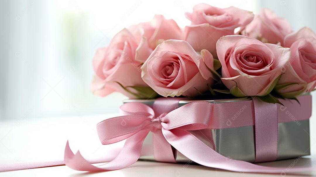 Caixa de presente ao lado de linda flores sobre fundo isolado