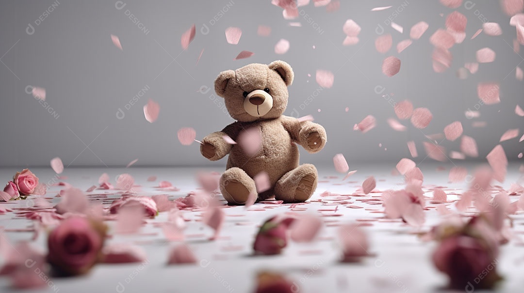 Urso de pelúcia sobre fundo pétalas de rosas