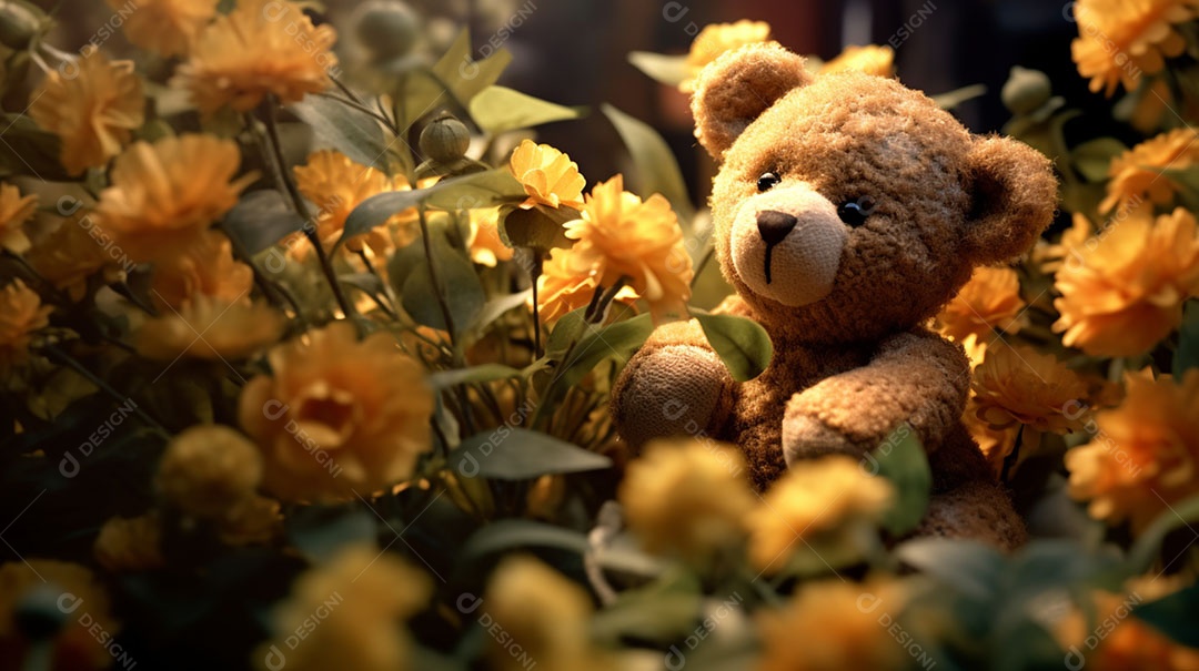 Urso de pelúcia sobre fundo lindas flores