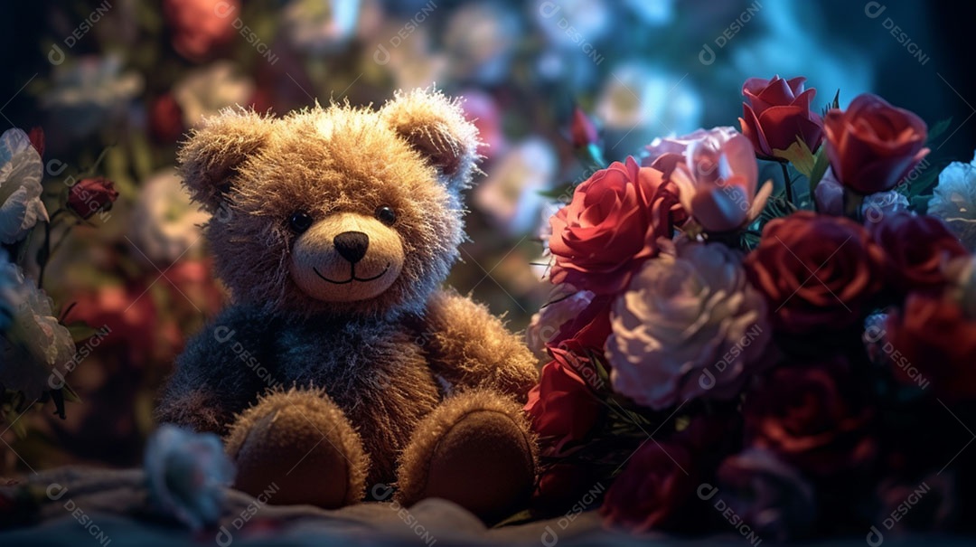 Urso de pelúcia sobre fundo lindas flores