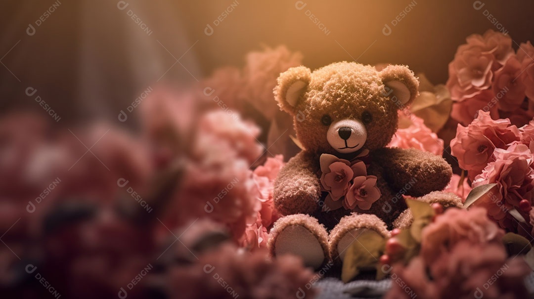 Urso de pelúcia sobre fundo lindas flores