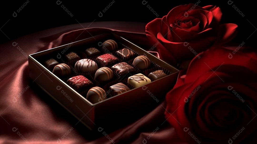 Caixa de chocolates sobre uma mesa madeira