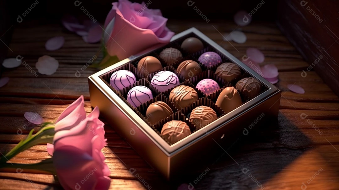 Caixa de chocolates sobre uma mesa madeira